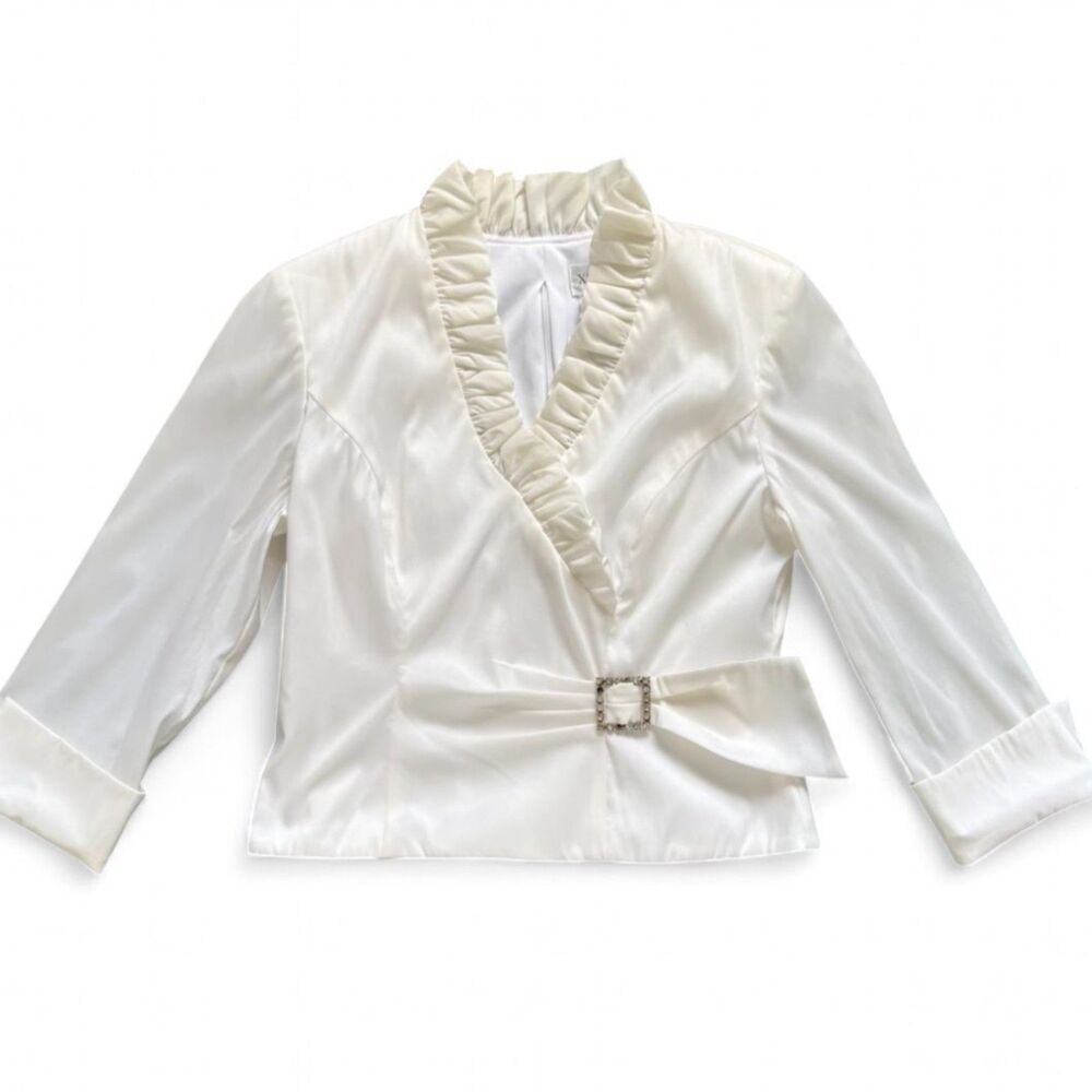 Xscape by Joanna Chen White Faux Wrap Ruffle Blouse w/ Rhinestone Buckle 8